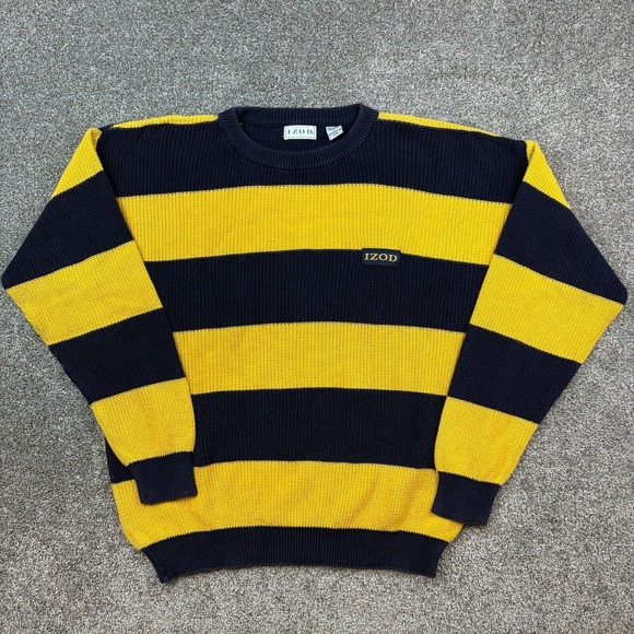 Vintage Izod Sweater Mens Large Blue Yellow Striped Chunky Cable Knit Crewneck - Picture 1 of 6